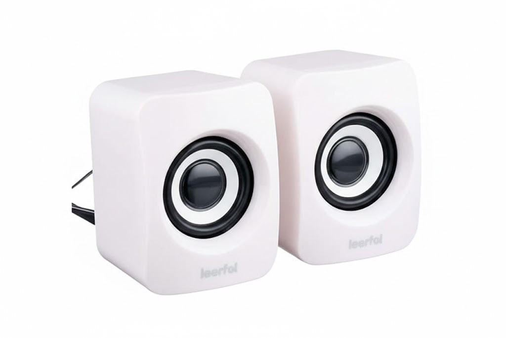 Pair of white cube-shaped speakers with black drivers on a white background