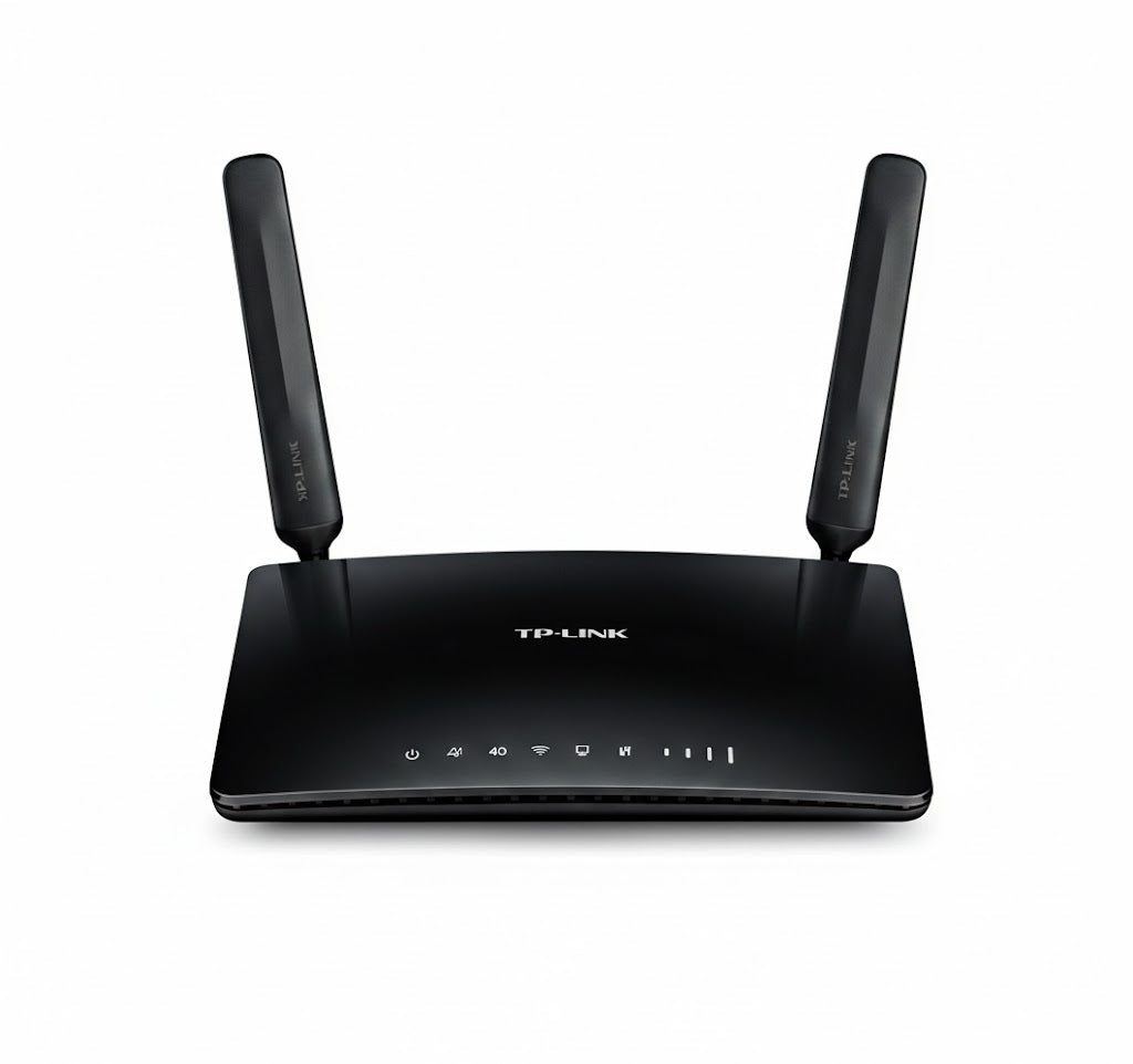 TP-Link router with antennas on a white background