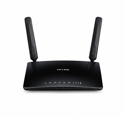 TP-Link router with antennas on a white background