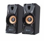 Pair of black Kisonli speakers on a white background