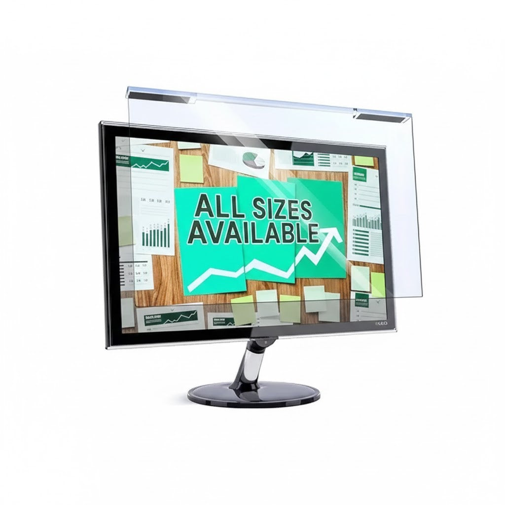 Computer monitor with a screen protector displaying 'All Sizes Available' text.