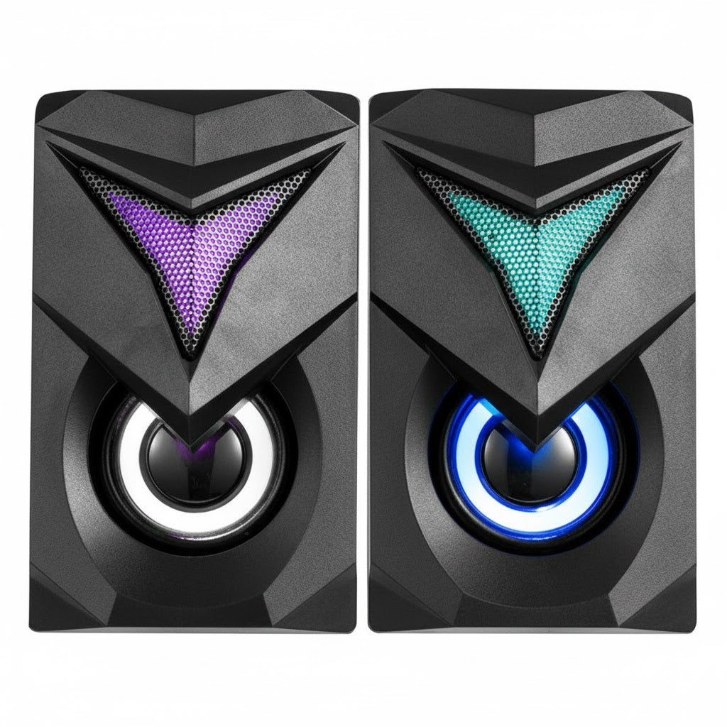 Pair of black speakers with colorful LED lights on a white background