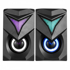 Pair of black speakers with colorful LED lights on a white background