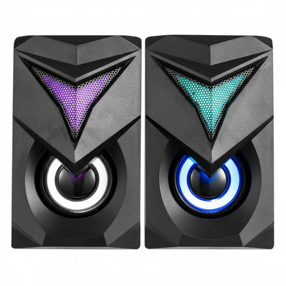 Pair of black speakers with colorful LED lights on a white background