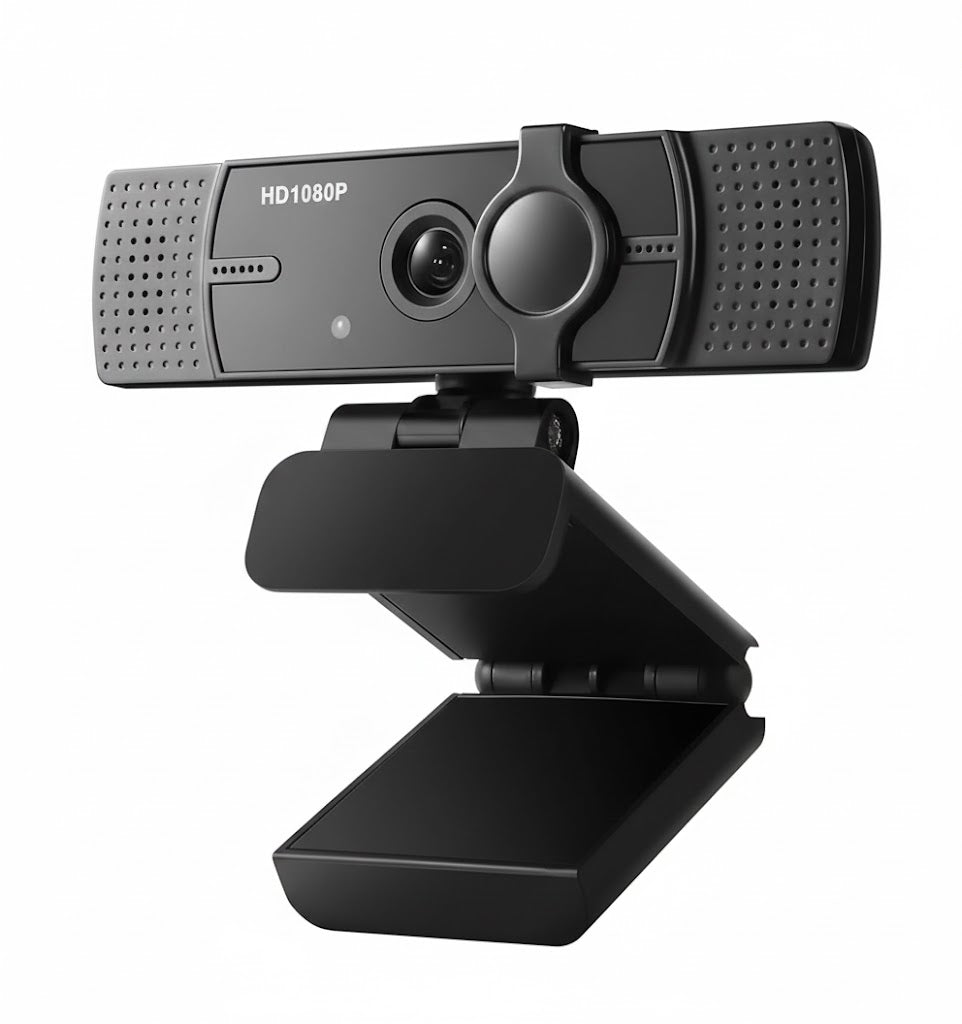 Black HD webcam with adjustable stand on a white background