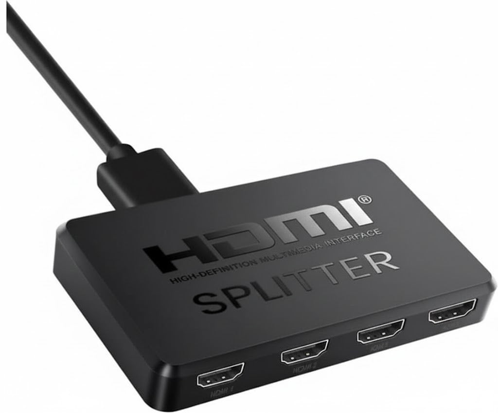 HDMI splitter with multiple ports on a white background