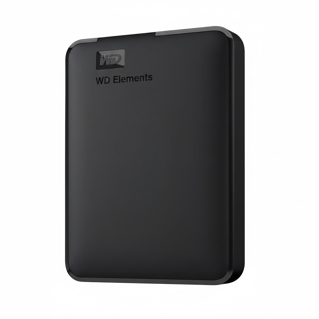 Black external hard drive with WD Elements branding on a white background