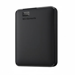 Black external hard drive with WD Elements branding on a white background