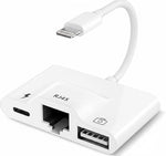 White adapter with multiple ports including lightning, RJ45, and USB on a white background