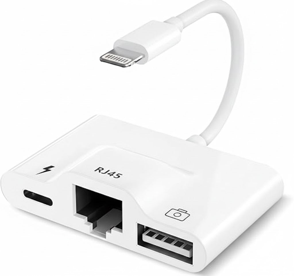White adapter with multiple ports including lightning, RJ45, and USB on a white background