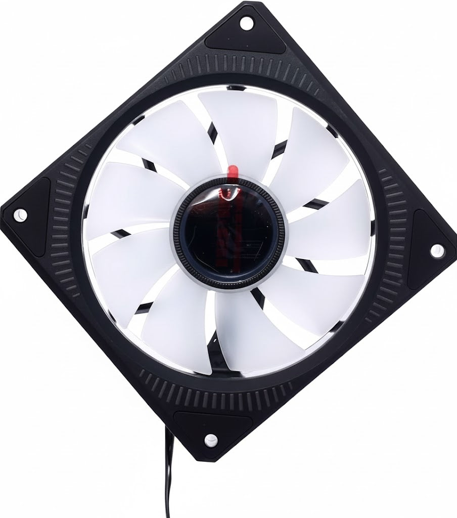 Computer fan with white blades on a black frame against a white background