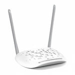 White wireless router with two antennas on a white background