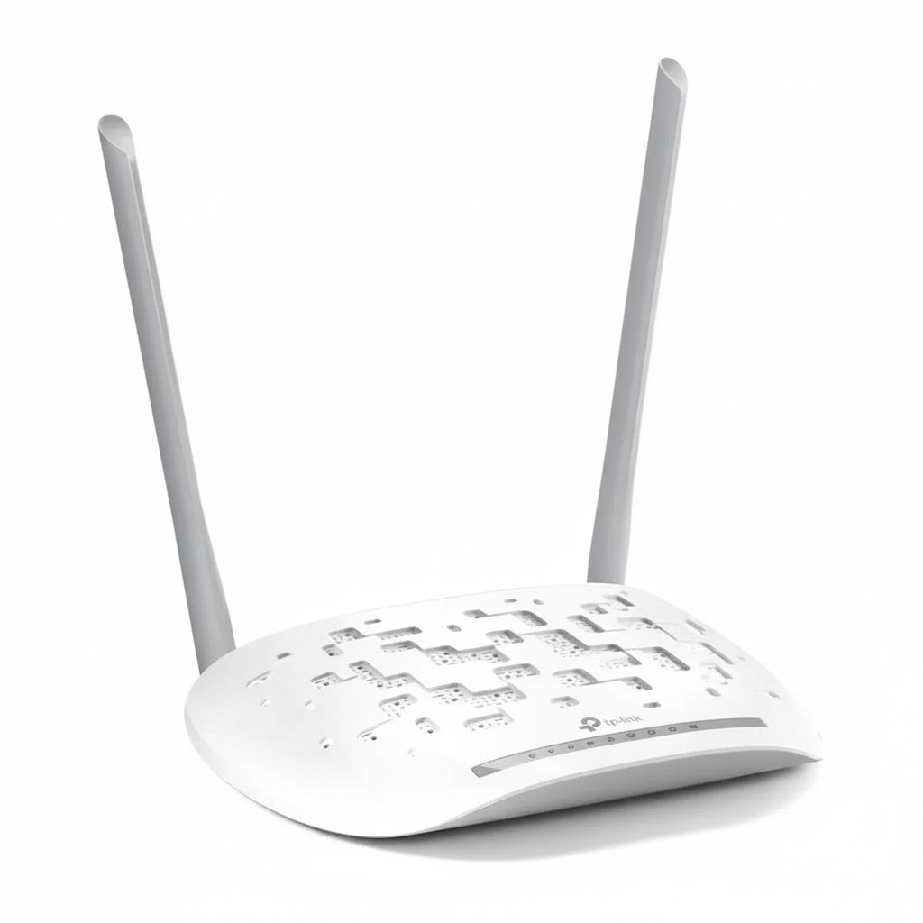 White wireless router with two antennas on a white background