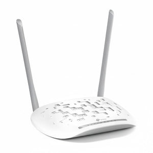White wireless router with two antennas on a white background