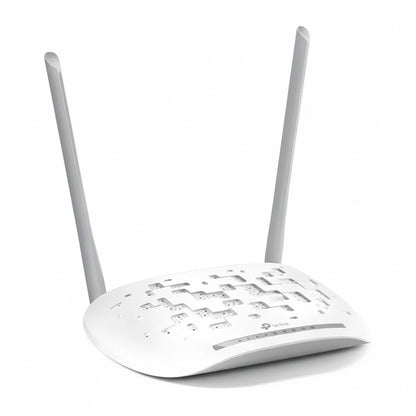 White wireless router with two antennas on a white background