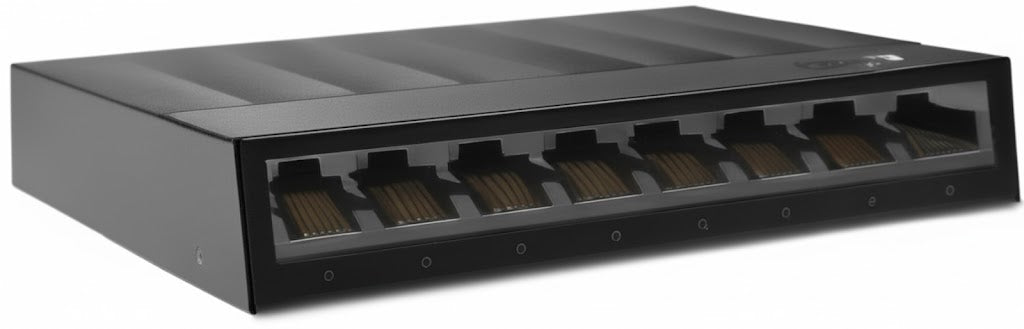 Black Ethernet switch with multiple ports on a white background
