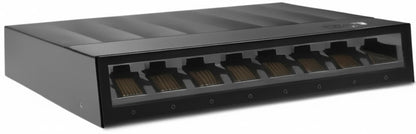 Black Ethernet switch with multiple ports on a white background