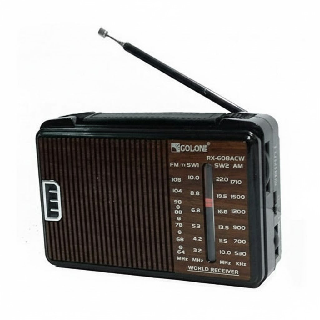 Vintage-style radio receiver with brand name on a white background
