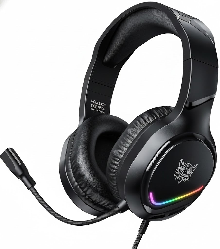 Black gaming headset with RGB lighting on a white background