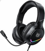 Black gaming headset with RGB lighting on a white background