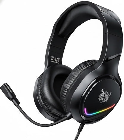 Black gaming headset with RGB lighting on a white background