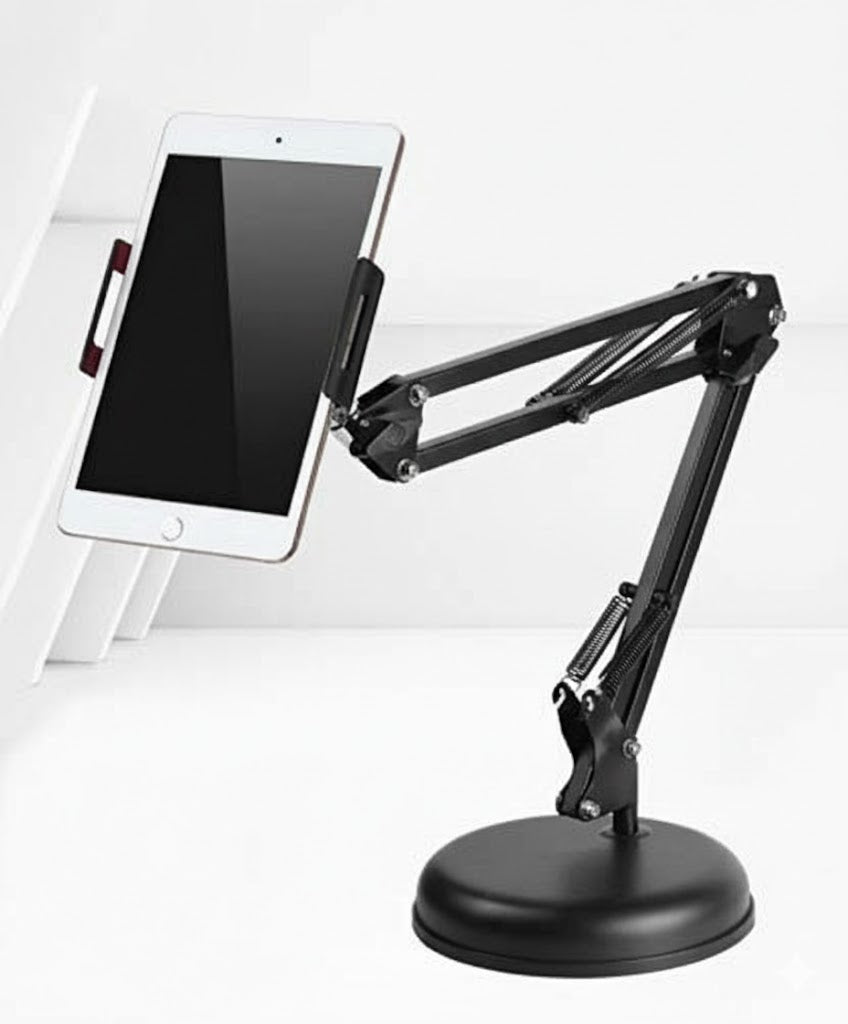 Black adjustable desk stand holding a tablet on a white background