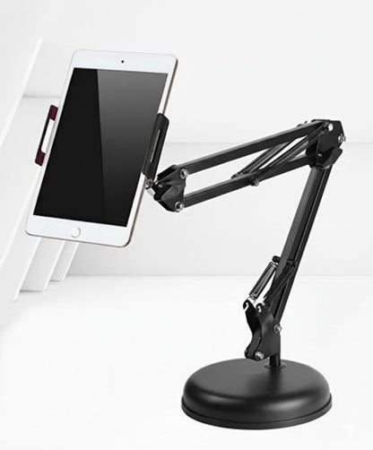Black adjustable desk stand holding a tablet on a white background