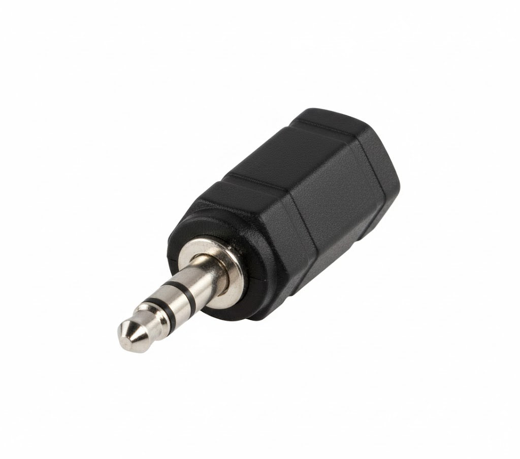 Black audio plug adapter on a white background
