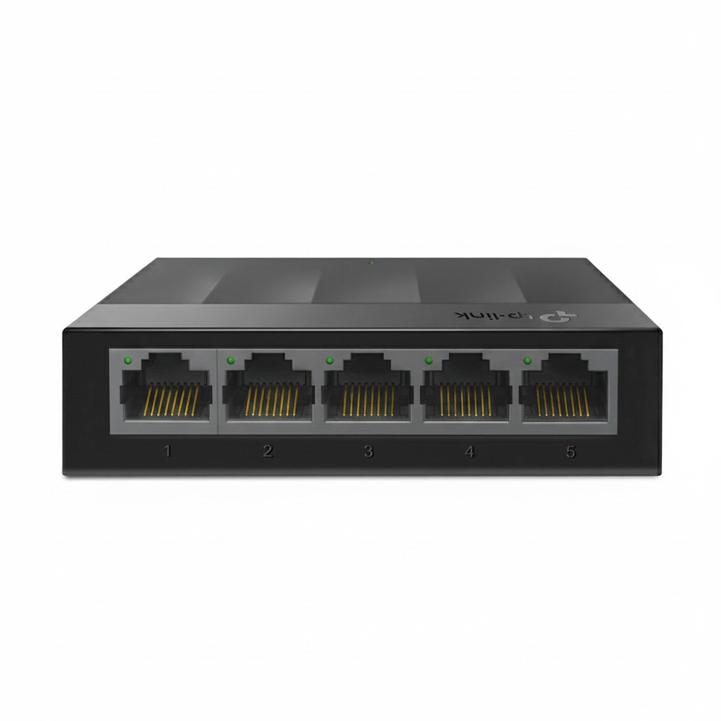 Network switch with five Ethernet ports on a white background