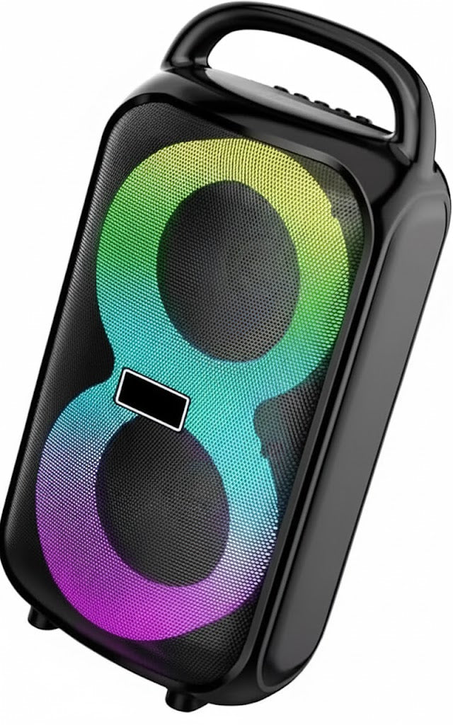 Portable speaker with colorful LED lights on a white background