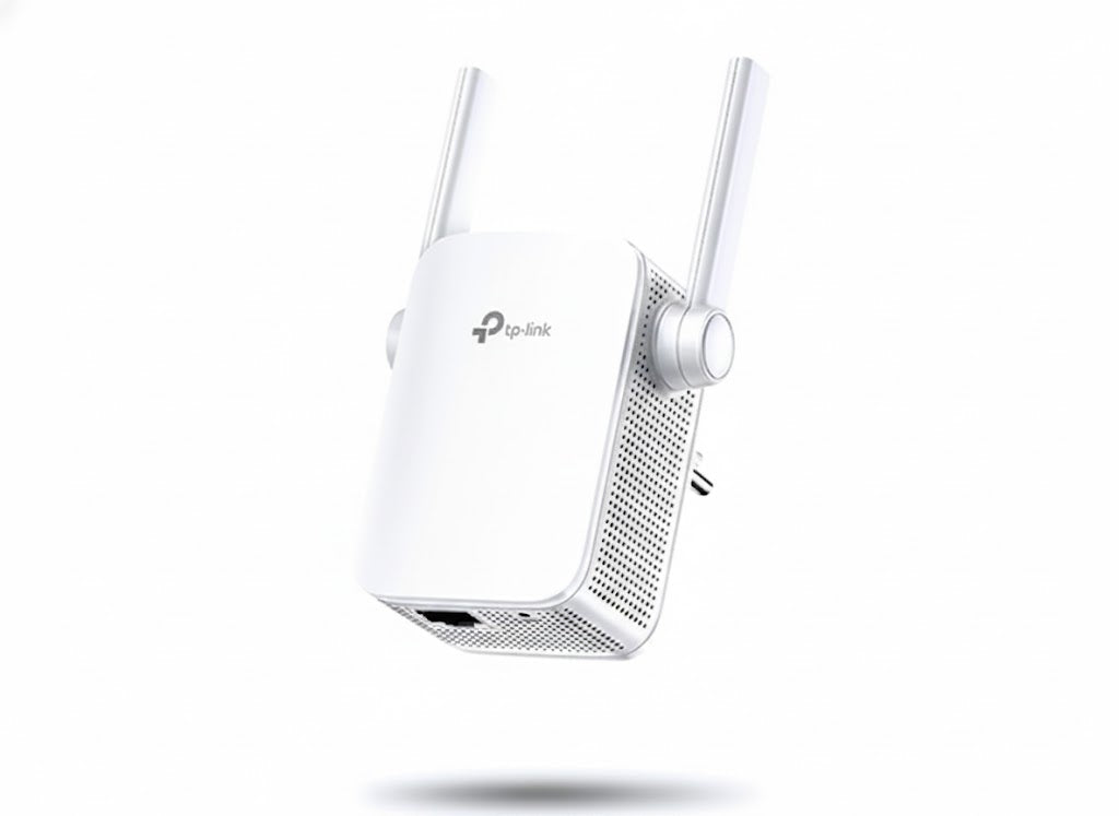 White Wi-Fi range extender with TP-Link logo on a white background