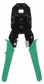 Black crimping tool with green handles on a white background