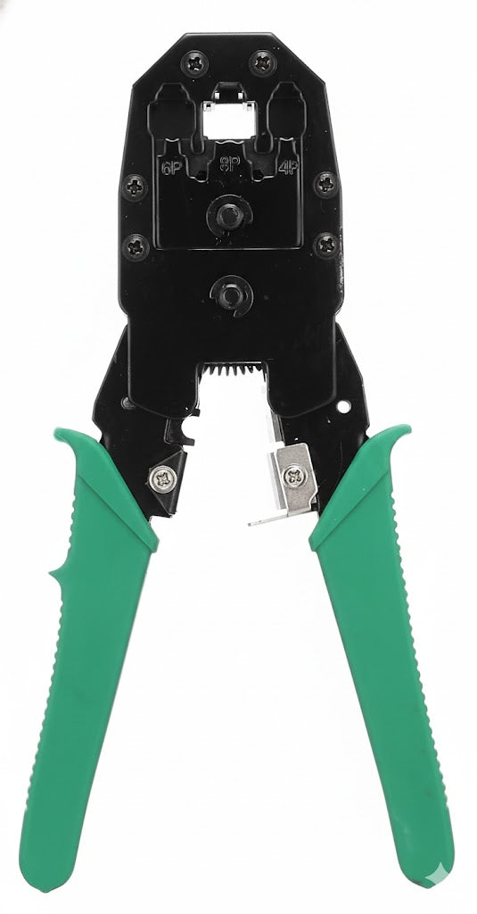 Black crimping tool with green handles on a white background