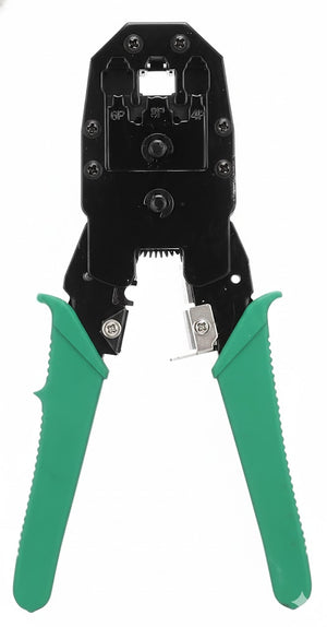 Black crimping tool with green handles on a white background