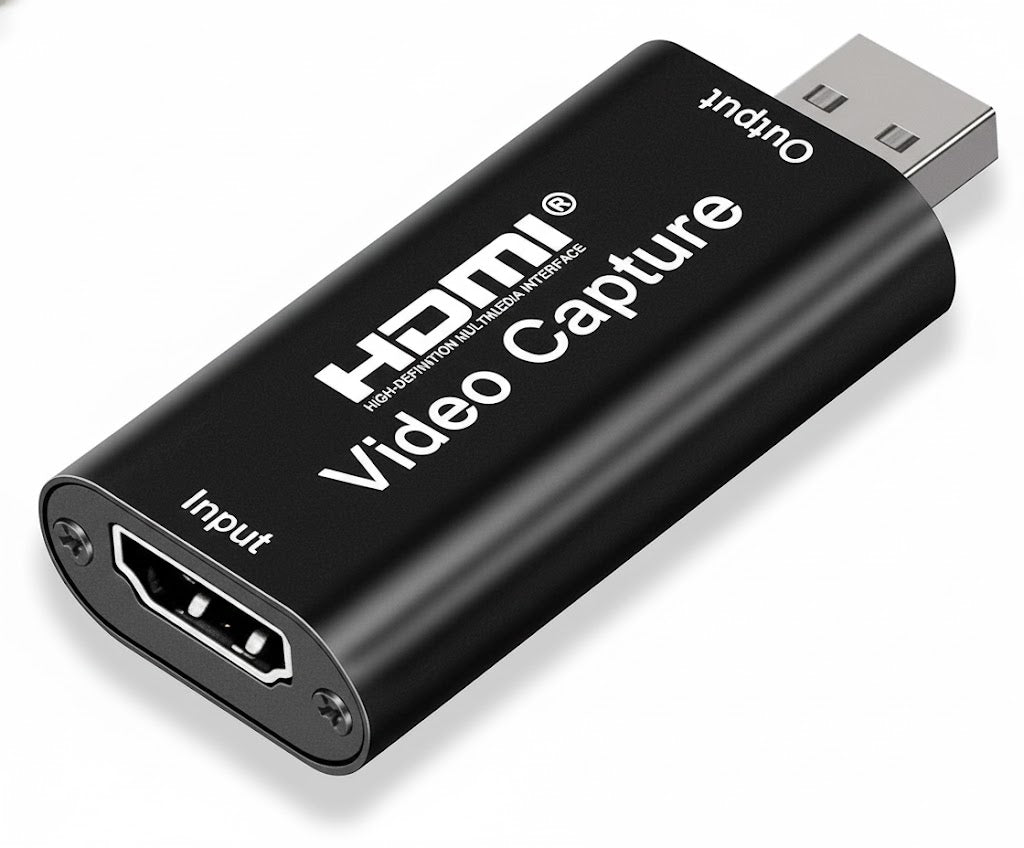 HDMI video capture device with input and output ports on a white background