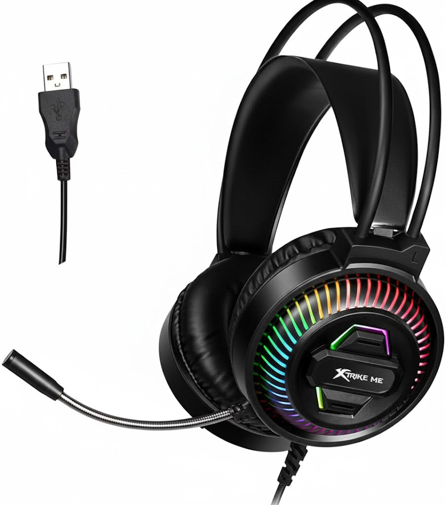 Gaming headset with RGB lighting and USB cable on a white background