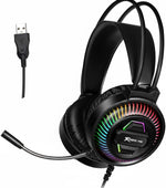 Gaming headset with RGB lighting and USB cable on a white background