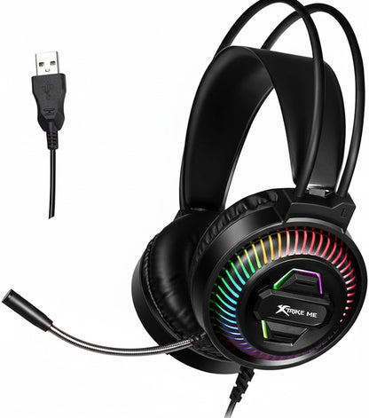 Gaming headset with RGB lighting and USB cable on a white background