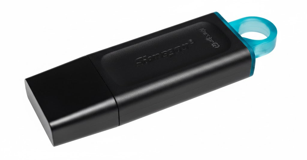 Black USB flash drive with a blue ring on a white background