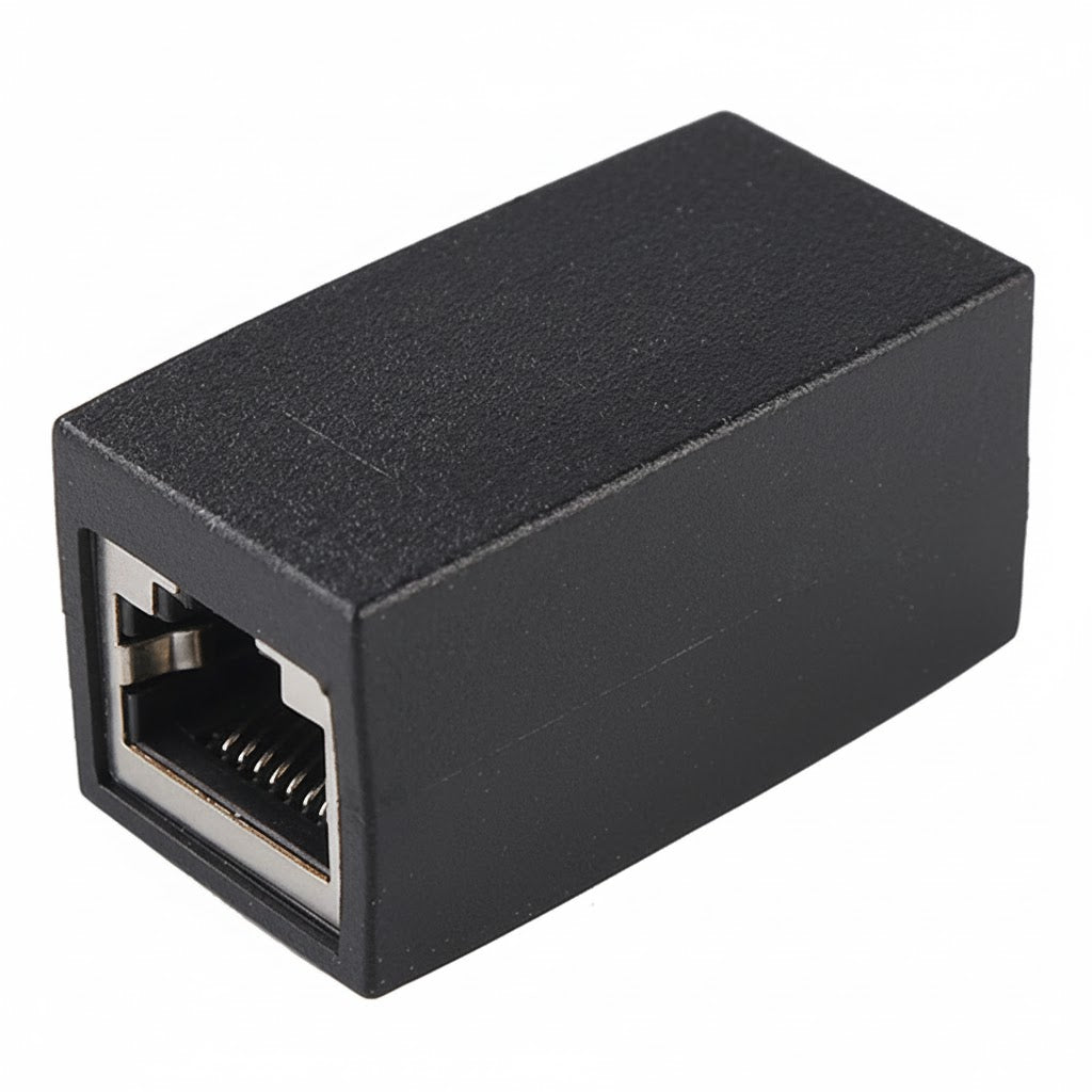 Black Ethernet adapter on a white background