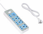 Power strip with multiple sockets and USB ports on a white background