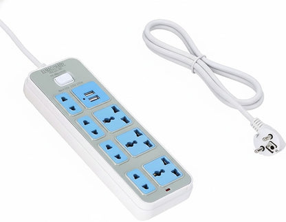 Power strip with multiple sockets and USB ports on a white background