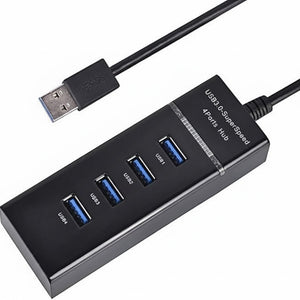 USB hub with four ports and a cable on a white background