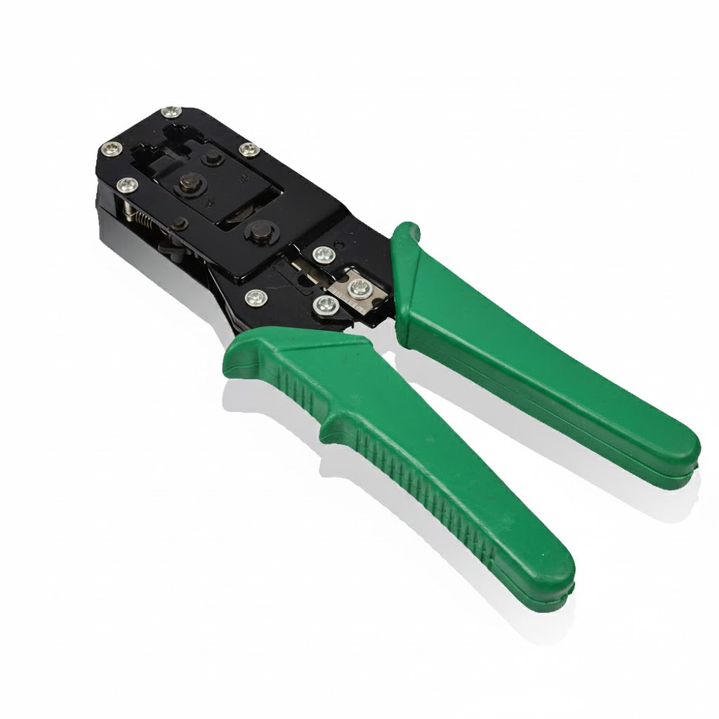 Green and black crimping tool on a white background