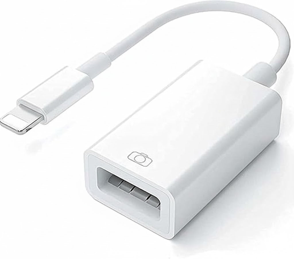 White USB adapter with Lightning connector on a white background