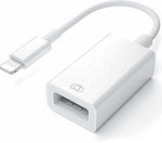 White USB adapter with Lightning connector on a white background
