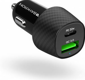 Black car charger with USB ports on a white background