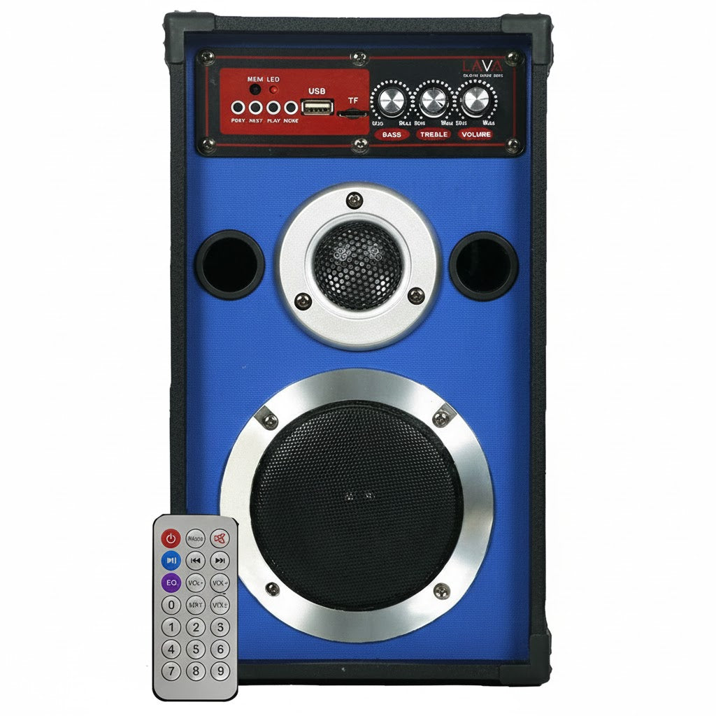 Blue speaker with control panel and remote on a white background