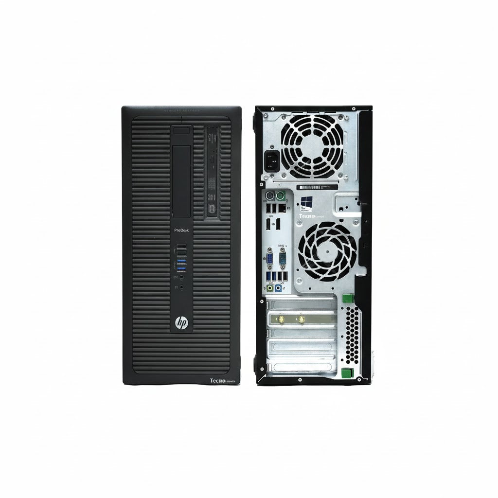 HP desktop computer tower with front and back views on a white background
