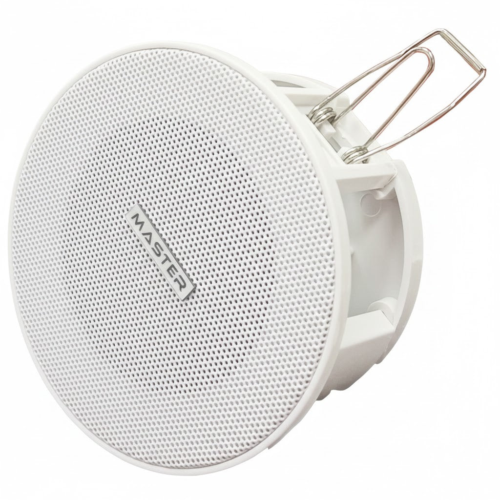 White ceiling speaker with 'Master' branding on a white background